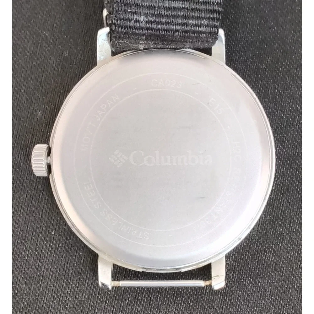 Columbia Silver Tone Analog Mens Watch Round White Face Black Fabric Band #W5172